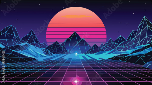 Futuristic Cyberpunk Neon Blue Perspective Wireframe Grid Vector Background with Glowing Horizon Light Burst