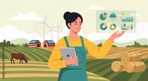 Modern Farming Technology Vector Illustration Agriculture Data Analysis and Sustainable Practices in Rural Landscape