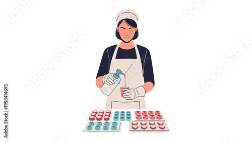 Crafting Confections: A pastry chef delicately crafts colorful, delectable macarons, showcasing skill and precision in the art of pastry. 