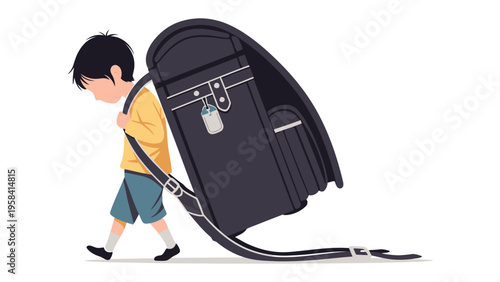 Schoolboy's Heavy Burden: A young schoolboy struggles under the weight of an oversized backpack, symbolizing the pressures of education, the challenges of youth.