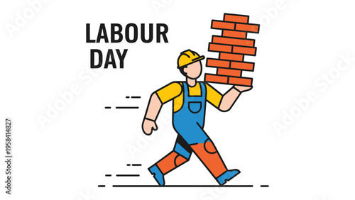 Labour Day Construction: A construction worker strides forward carrying bricks, illustrating the dedication and hard work associated with Labour Day. The image is a tribute to the dedicated workforce.