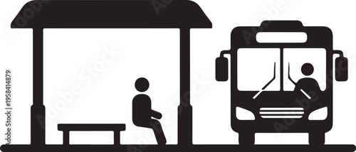 Vector silhouette of person waiting at bus stop with bus