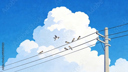 Birds perched on power lines against blue sky