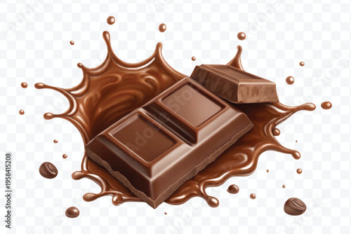 abstract 3d chocolate bar into liquid chocolate splash with bubbles in curve style isolated on transparent background