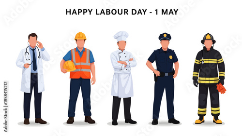 Workers' Day Recognition: This illustration captures a variety of professions in a celebratory visual for labour day. Displaying respect and appreciation for the working class.