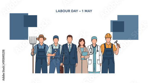 Labour Day Celebration: A diverse group of essential workers stand united, embodying the spirit of Labour Day, highlighting the invaluable contributions of different professions.