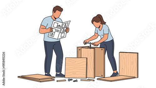 DIY Project Assembly: A couple collaborates on a do-it-yourself furniture project, following instructions with diligence to bring their creative vision to life.