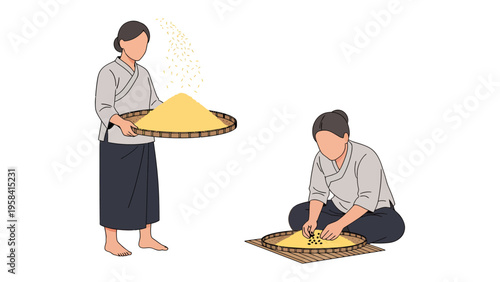 Harvest Ritual: Women meticulously process grains, embodying the tradition of a rural harvest. This scene celebrates the hard work, connection to the land.