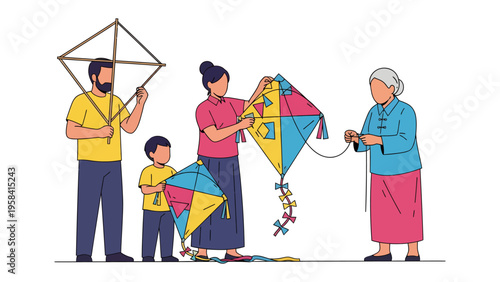 Family Kite Flying Fun: A multigenerational family joyfully prepares for a day of kite flying, fostering bonding and creating lasting memories.