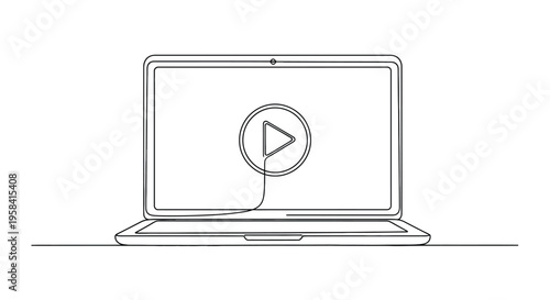Laptop with play button continuous line art with white background