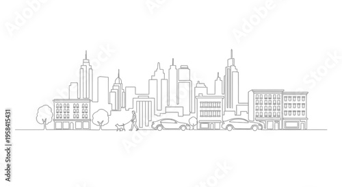 Continuous line art cityscape with people, cars, trees