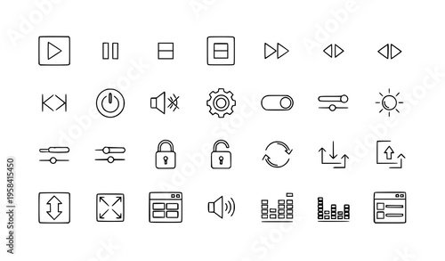 User Interface Control Buttons Thin Line Icon Collection Pixel Perfect Vector Set