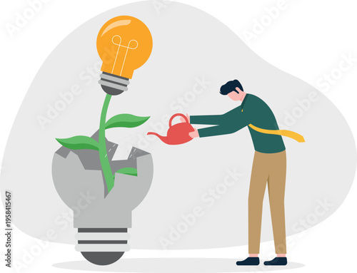 Professional man watering a plant growing from a lightbulb representing nurturing innovation
