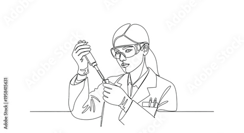 Scientist conducting research with pipette, line art