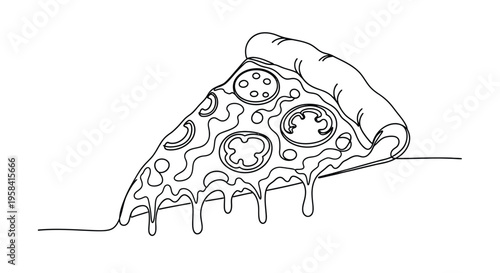 Slice of pizza dripping cheese, line art, fast food, junk food