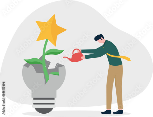 Businessman watering a plant growing from a lightbulb with a gold star representing quality growth