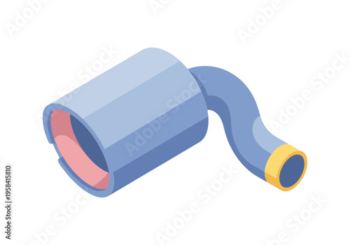 Isometric illustration of a car exhaust pipe with blue and pink colors