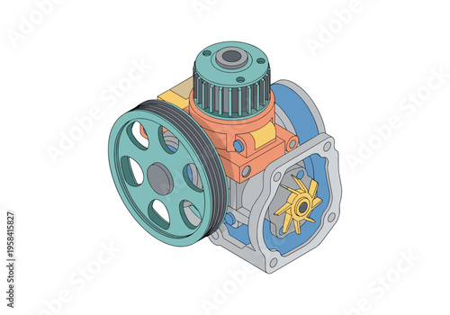 Automotive water pump assembly with pulley and impeller detailed illustration