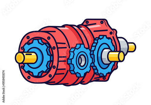 Stylized illustration of a red and blue mechanical gearbox with visible gears and shafts
