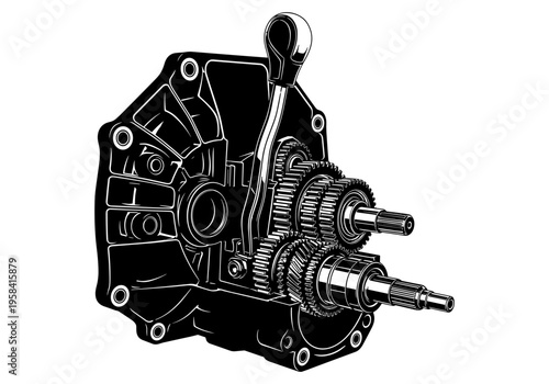 Detailed illustration of a manual transmission gearbox with visible gears and shifter