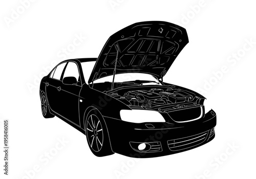 Black sedan with open hood revealing engine components and detailed front grill