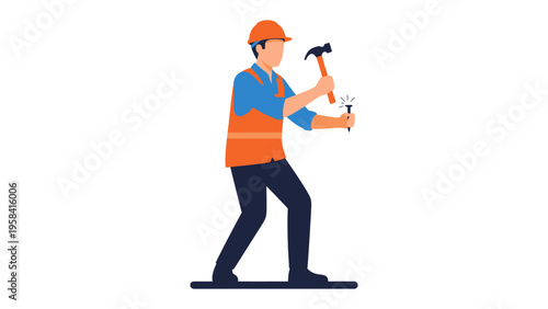Construction worker with tools: A construction worker skillfully hammering a nail, a symbol of precision, craftsmanship, and the building process. 