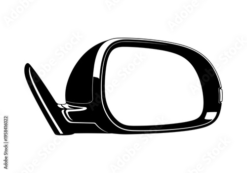 Sleek black car side mirror with a modern aerodynamic design on white background