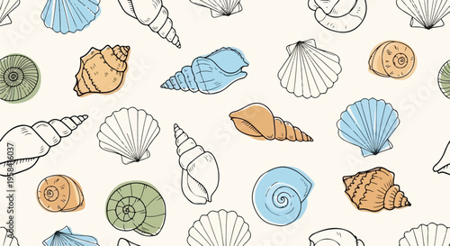 Seamless pattern of colorful hand-drawn seashells and conches on a light background, perfect for summer and beach themes.