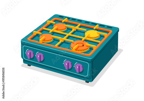 Modern teal gas stove with four burners and purple control knobs