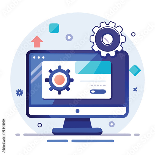 Laptop with gears icon representing computer settings and system configuration
