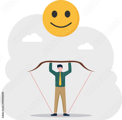 Professional man lifting a wooden bow with a happy emoji representing positive achievement