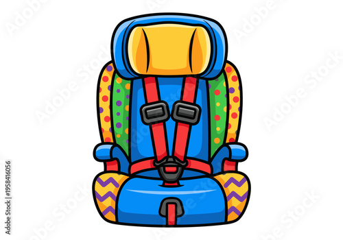 Colorful cartoon car seat with safety straps and playful patterns for children