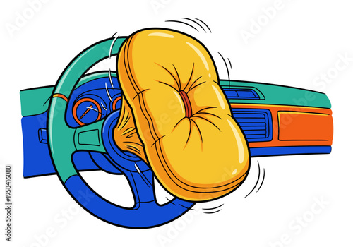 Cartoon airbag deploying from steering wheel in a car interior