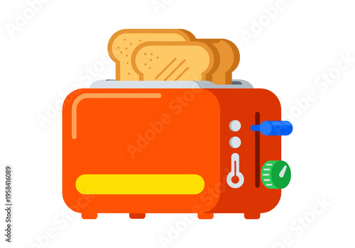 Bright orange toaster with golden brown toast popping up, ready for breakfast