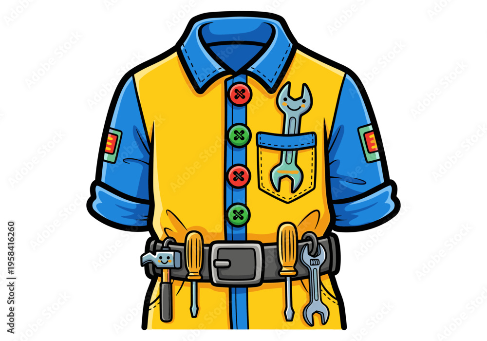 Fototapeta premium Cartoon mechanic's uniform with tools and happy wrench character on white background