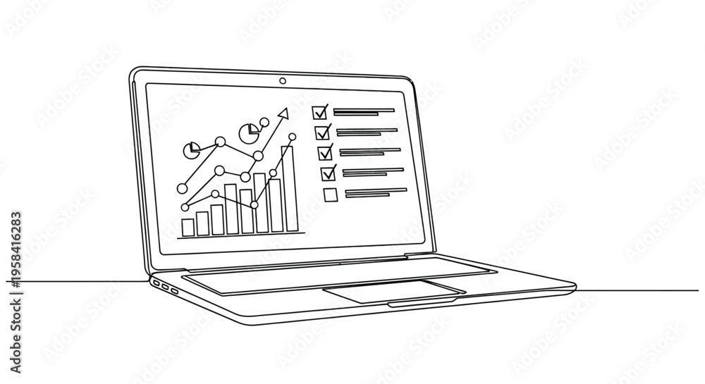 Fototapeta premium Laptop with financial graph, minimalist line art, represents data
