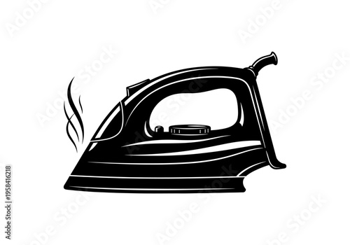 Black silhouette of a steam iron with wisps of steam rising