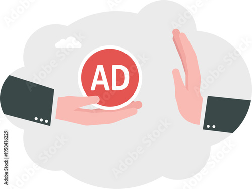 A giant hand showing a stop gesture to a red AD symbol for advertisement control