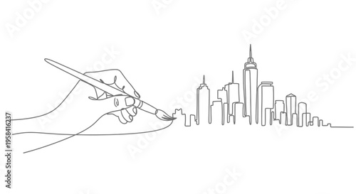 Artist painting city skyline, minimalist line art, symbolizes creativ