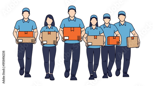 Delivery Team's Efficient Service: A uniformed delivery team stands united, each member holding a package, symbolizing a commitment to seamless logistics and customer satisfaction.