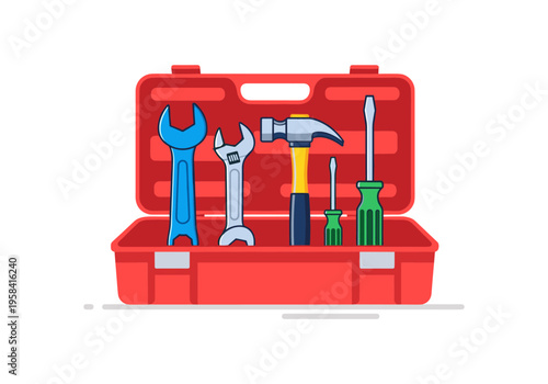Red toolbox filled with various hand tools for repair and construction