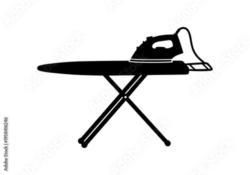 Simple black silhouette of an iron resting on an ironing board
