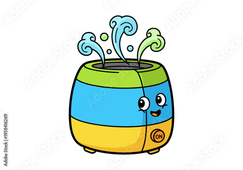 Cute cartoon humidifier with happy face and steam coming out