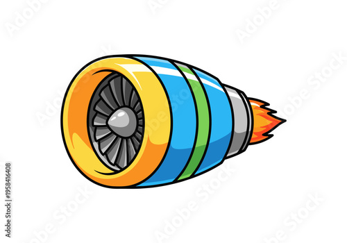 Cartoon jet engine with colorful stripes and exhaust flames