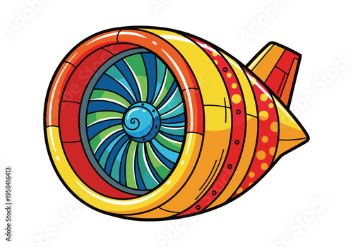 Colorful cartoon jet engine with vibrant fan blades and striped casing