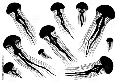 Collection of black jellyfish silhouettes floating gracefully in clear blue water