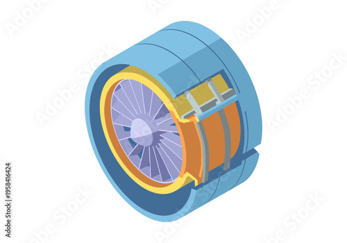 Cross-section of a jet engine turbine with detailed internal components and blades