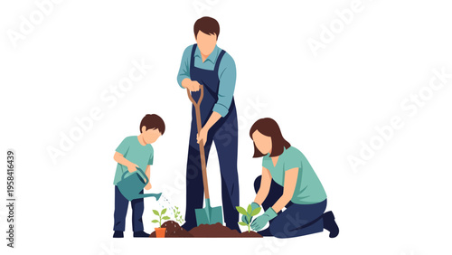 Family Planting Together: A family plants a seedling in a garden, father, mother and son work together creating bond of love and nature