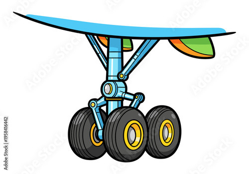 Cartoon airplane nose landing gear with three wheels and blue strut