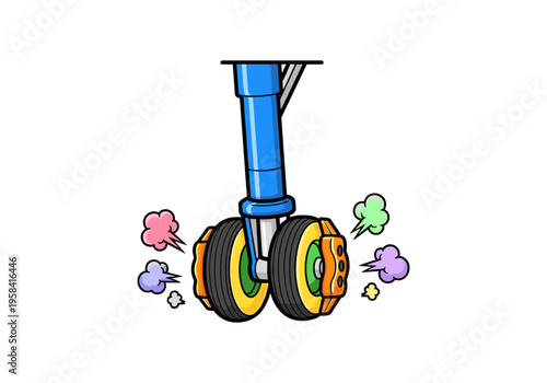 Cartoon airplane landing gear with colorful smoke puffs from brakes